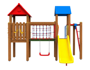 Front View of Brightly Colored Playground Set with Slide, Swing, and Climbing Frame Cheerful Sun Decoration Isolated on Transparent Background PNG