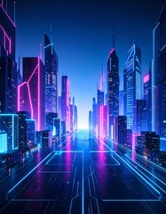 Neon geometric shapes floating in a dark cyberpunk city, glowing lights, vaporwave co