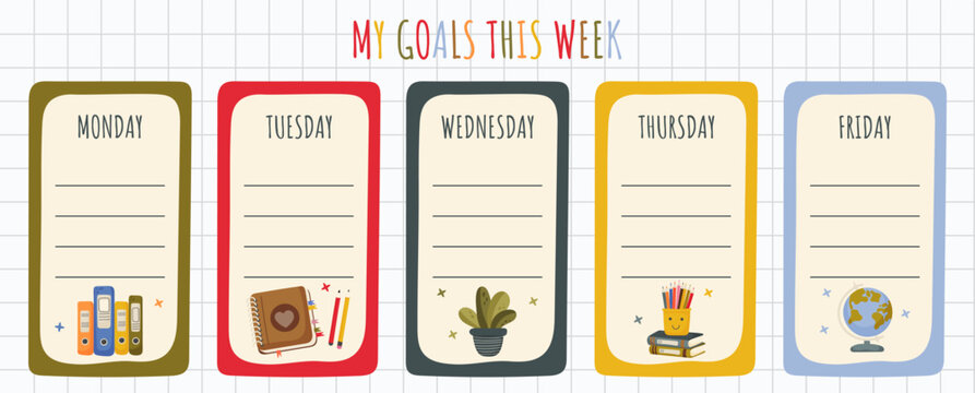Weekly Planner Template with Cute School Supplies in Flat Vector Style