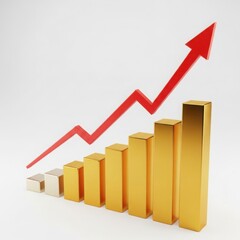 Golden bar chart with upward trending red arrow