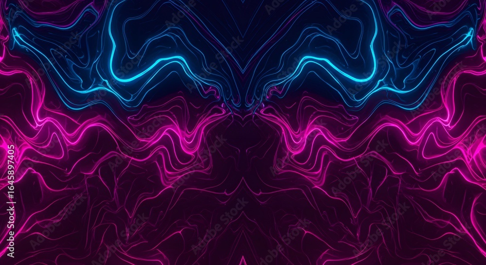 Poster abstract neon wavy lines in blue and pink creating a symmetrical pattern on a dark background
