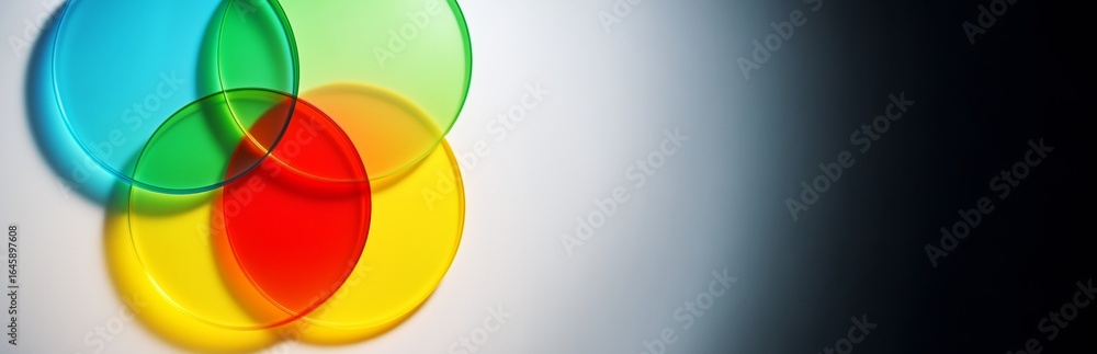 Poster Transparent overlapping RGB color circles on gradient background with empty space for design, template, banner, or advertising concept. Ai generative