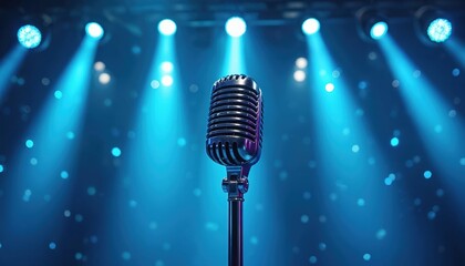 Retro microphone on stage under blue spotlight beams, creating a vibrant, atmospheric performance setting. Vintage audio equipment for singing, recording, live music events, and studio sessions.