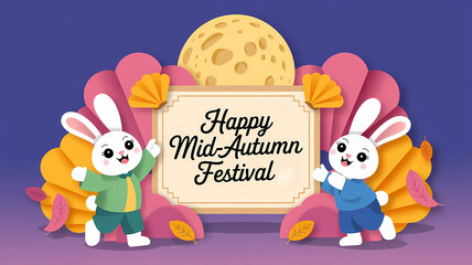 Fototapeta premium Two cartoon rabbits celebrating Mid Autumn Festival with moon