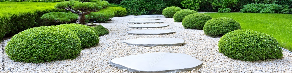 Poster a path with a stone walkway and bushes