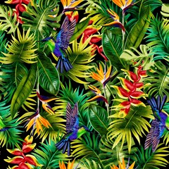 Seamless exotic pattern with exotic plants and a bird