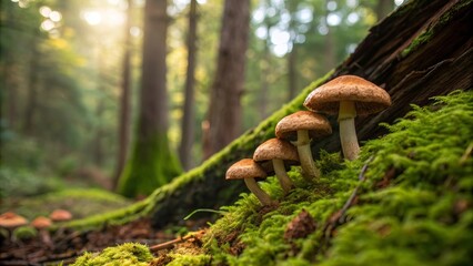 Obraz premium Edible mushrooms resting on vibrant mossy ground in a tropical forest, positioned near a single rotten fallen tree, surrounded by lush greenery and soft filtered sunlight