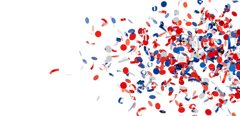 Festive confetti explosion perfect for celebratory designs.  Red, white, and blue circles and ribbons.