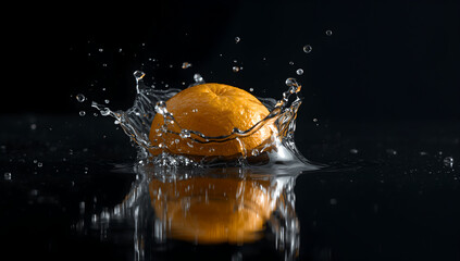 Fresh Orange Splashing into Water with Reflection
