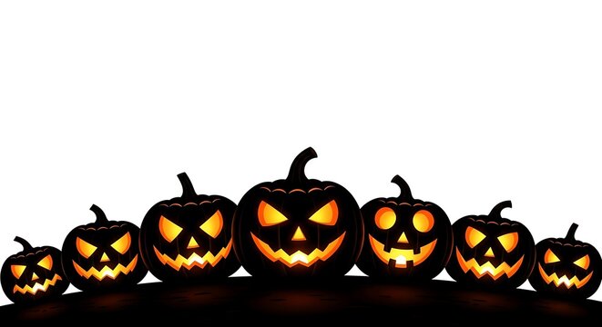 Group of glowing jack olantern pumpkins isolated on white background, creating a spooky and festive halloween atmosphere