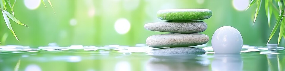 A stack of rocks and a white ball are on a body of water