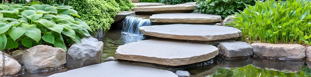 Poster A stone walkway with a small stream running through it