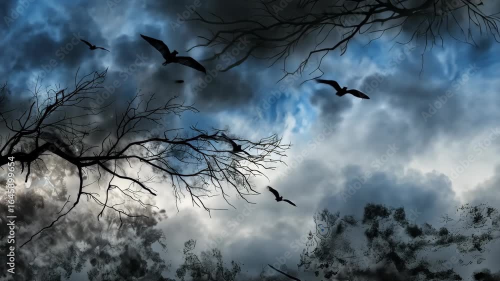 Poster clouds swirl in various shades as birds take flight against a backdrop of a changing sky at dusk, cr