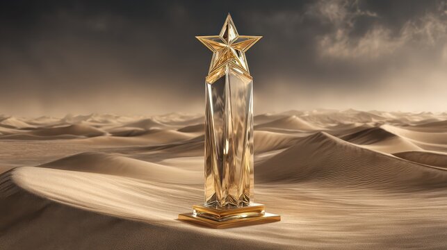 Elegant Star Trophy on Sand Dunes Under Dramatic Sky
