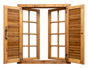 Close-Up of Wooden Window Shutters Partially Open, Showing Louver Details and Rustic Finish, Isolated on Transparent Background PNG