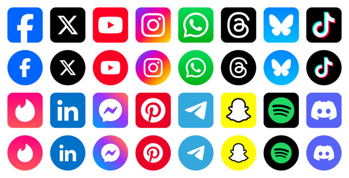 Social Media App Icons 2025. Vector App Icons for Popular Social Network and Messaging Apps. Facebook, Instagram, TikTok, Bluesky, Threads, WhatsApp, Tinder, LinkedIn, Messenger. X, Telegram, Youtube