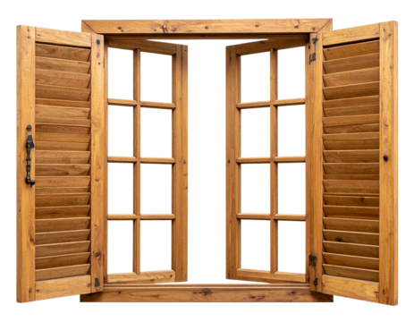 Close-Up of Wooden Window Shutters Partially Open, Showing Louver Details and Rustic Finish, Isolated on Transparent Background PNG