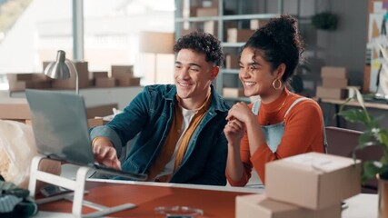 Happy people, high five and laptop with boxes in logistics for small business success or startup. Man, woman or owners with smile on computer for online distribution, supply chain or virtual store - Powered by Adobe