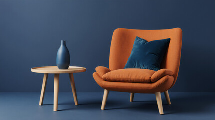 
orange chair in blue room