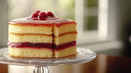 Delicious Raspberry Jelly Cake on Elegant Cake Stand with Berries