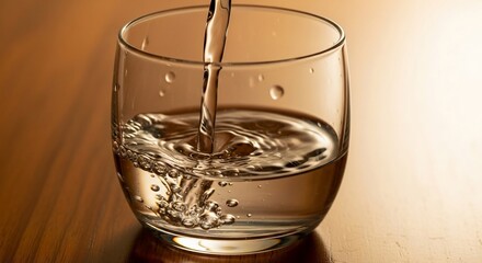 Crystal Clear Water Pouring into a Glass, Creating Ripples and Bubbles