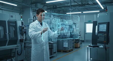 Male Engineer in a Lab Coat Working with a Holographic Screen