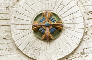 Details of the ceramic decoration on the facade of an old seaside villa in the town of Malo-les-Bains, Dunkirk, France