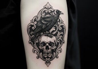 Dark, detailed raven perched on an ornate skull.