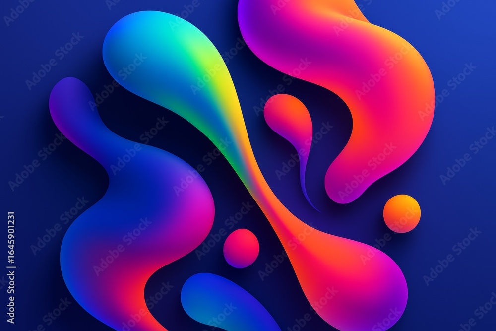 Poster colorful abstract fluid shapes with neon gradients on deep blue background, creating a glowing light