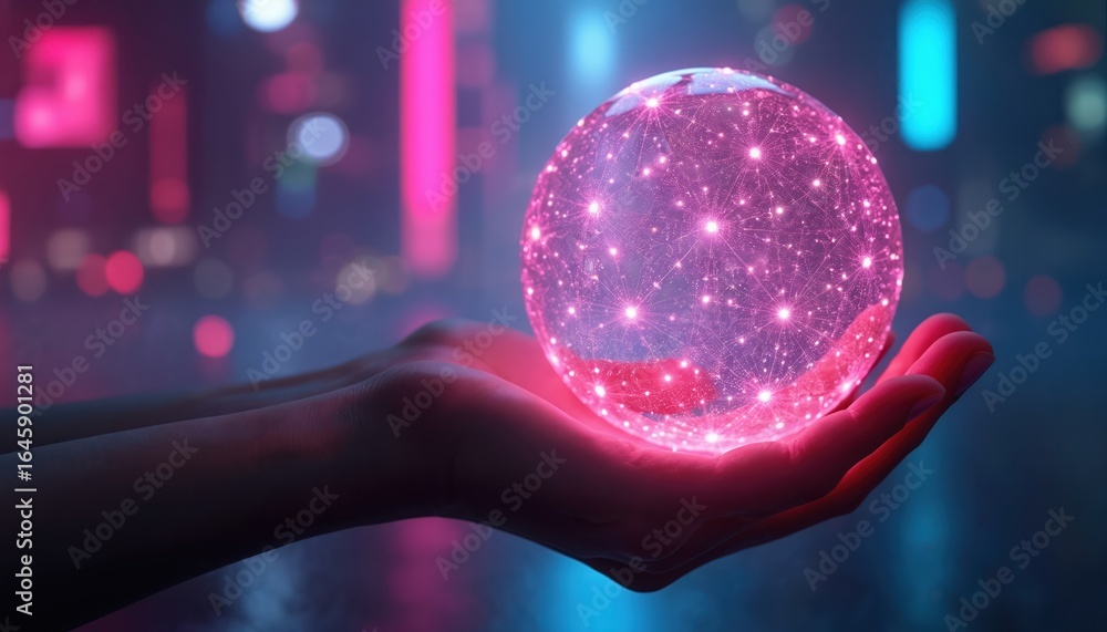 Poster human hand holds glowing digital orb representing network technology and future innovation. abstract