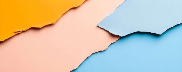 Visually striking abstract composition with torn paper layers in vibrant blue orange and pink hues creating a retro inspired risograph style gradient background