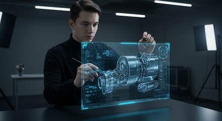 Male Engineer Designing a Machine on a Holographic Tablet