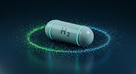 H2 Hydrogen Fuel Cell Capsule Surrounded by Digital Particles