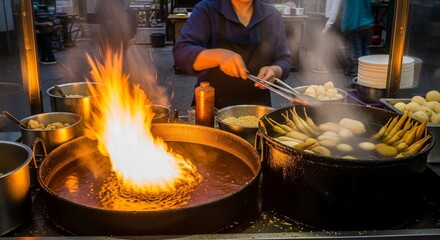 Culinary Fire Show: A Vendor's Wok Blazes at a Vibrant Asian Night Market