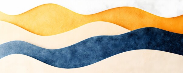 A serene minimalist landscape composed of abstract layered waves in a retro gradient palette of warm and cool tones