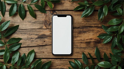 Top view of a modern smartphone with a blank white screen, placed on a rustic wooden table and surrounded by fresh green leaves. 