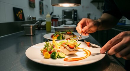 Culinary Precision Under Spotlight: Chef Artfully Plating a Gourmet Fish Entree.