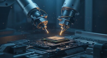 Robotic Arms Laser Welding a Microchip, Close-up
