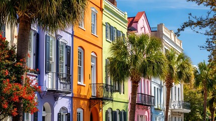 Naklejka premium Vibrant row of colorful historic houses with palm trees under a bright blue sky