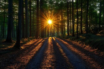Fototapeta premium Sunburst Through Forest Canopy Illuminating Dirt Road With Striking Shadows and Greenery