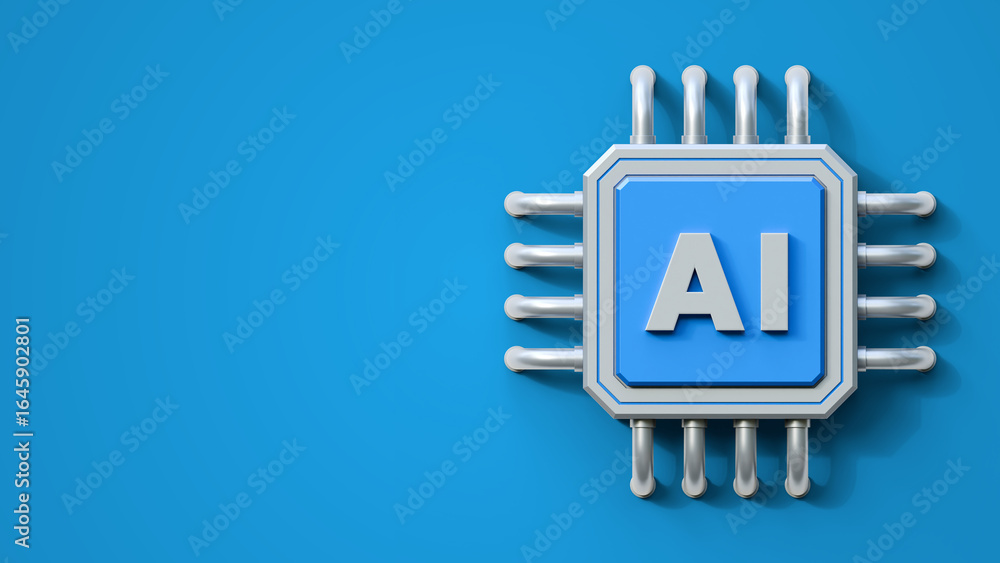 Poster artificial intelligence chip 3d icon illustration isolated on blue background with copyspace. artifi
