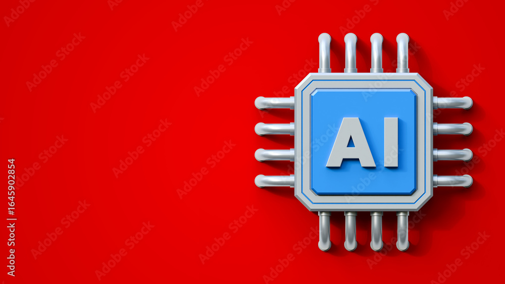 Poster artificial intelligence chip 3d icon illustration isolated on red background with copyspace. artific