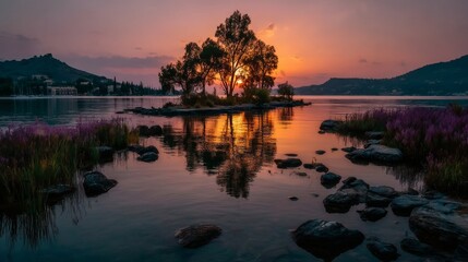 Fototapeta premium Serene sunset over a tranquil lake with a silhouetted island tree and vibrant sky, reflecting in the calm water