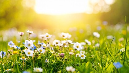 Fototapeta premium wild flowers and grass closeup, horizontal panorama photo. Sunset on the grassy meadow. Closeup panorama banner of a meadow with green grass and wild flowers isolated on a transparent background. 