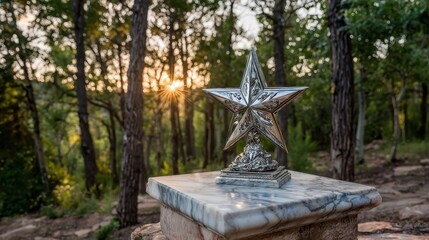 Gleaming Silver Star on Marble Base Surrounded by Nature at Sunset