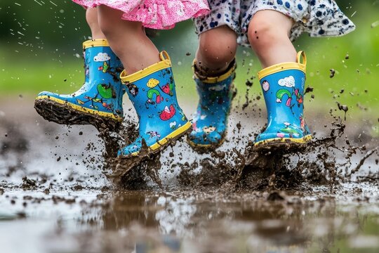 Children Jumping in Puddle in Colorful Rubber Boots Splashing Water