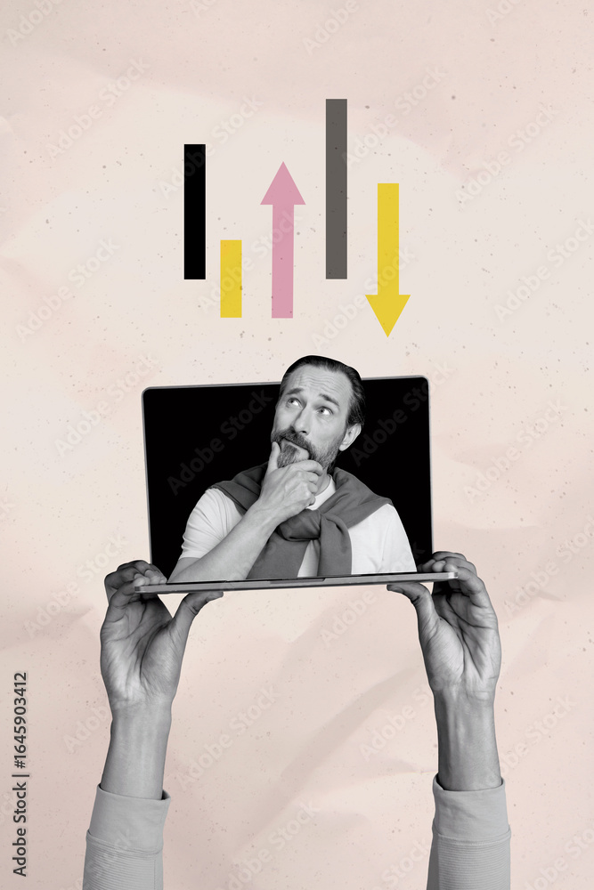 Poster Trend artwork template 3D collage sketch of big size hand hold laptop display video call man portrait think minded trader arrow up down