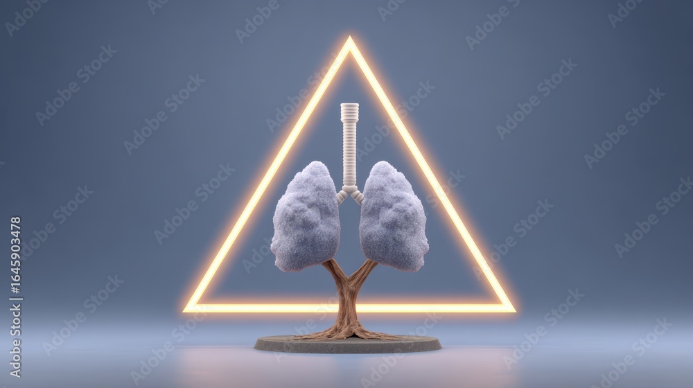 Poster a conceptual image featuring stylized lungs represented as a tree, illuminated by a triangle, symbol