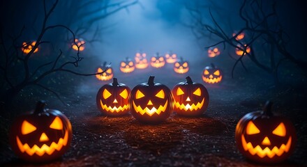 Spooky halloween night scene with glowing jackolanterns in a dark forest path creating a scary and mysterious atmosphere