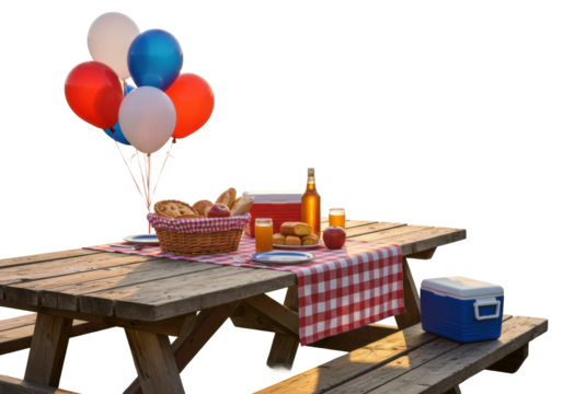 Outdoor picnic celebration with food and drinks park setting festive atmosphere colorful balloons. Cut out png